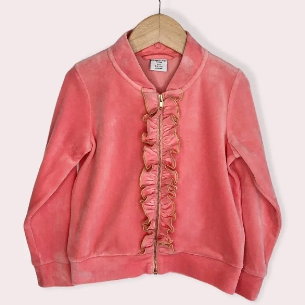 Polarn O.‎ Pyret jacket peach velour with gold trim ruffles size 3-4 years